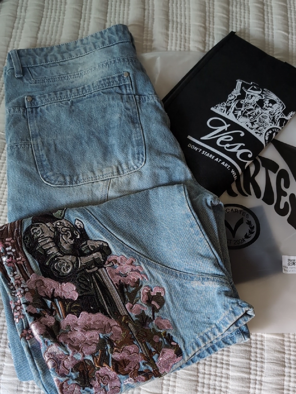 Embroidered Light Blue Denim Jeans with Floral & Knight Motif